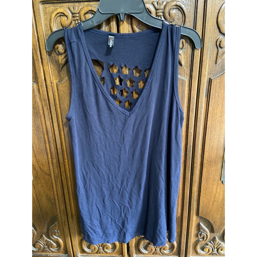 1clique Navy Blue Star Laser Cut Shredded Back V-Neck Tank Top Small USA Made